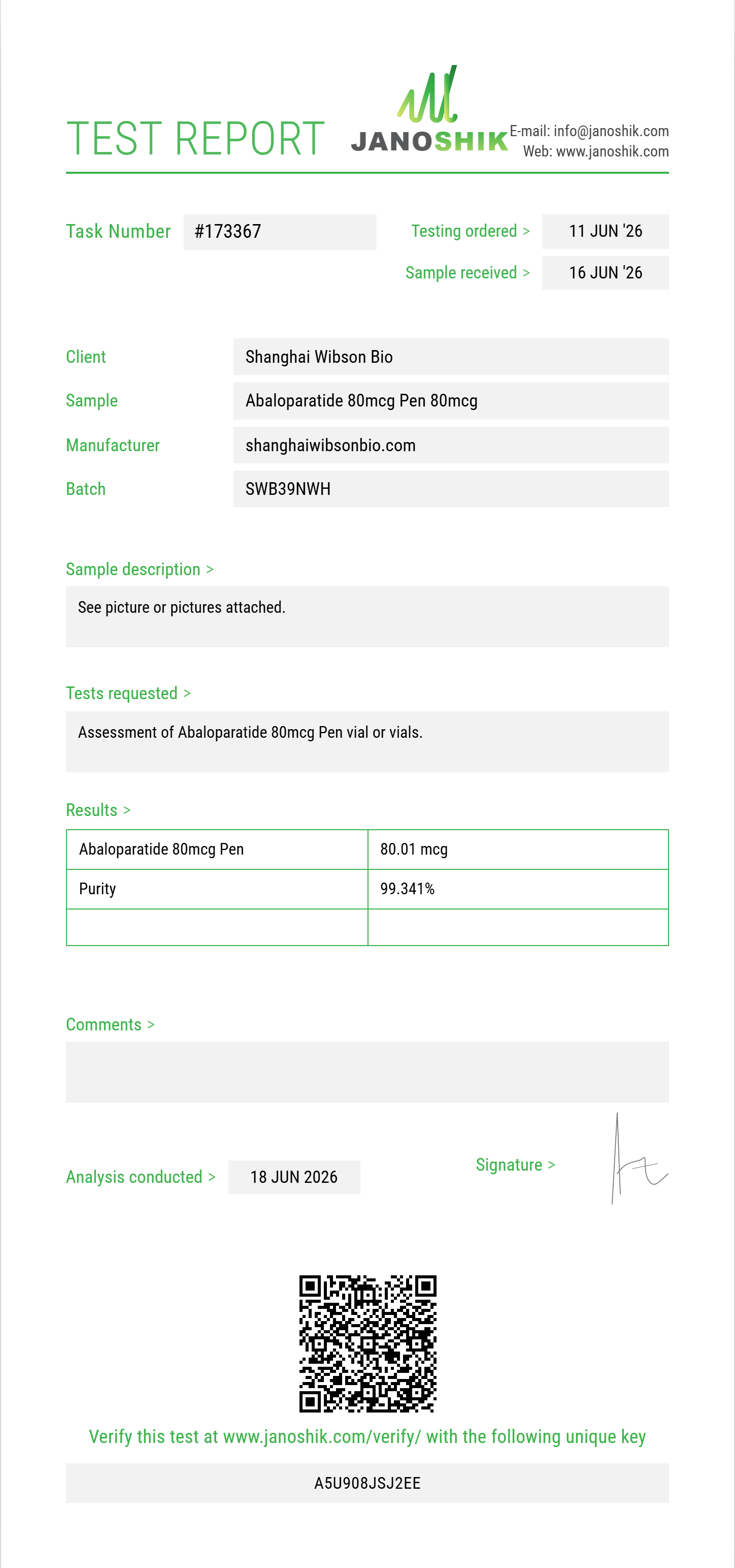 Abaloparatide Purity (HPLC) report by Janoshik Analytical