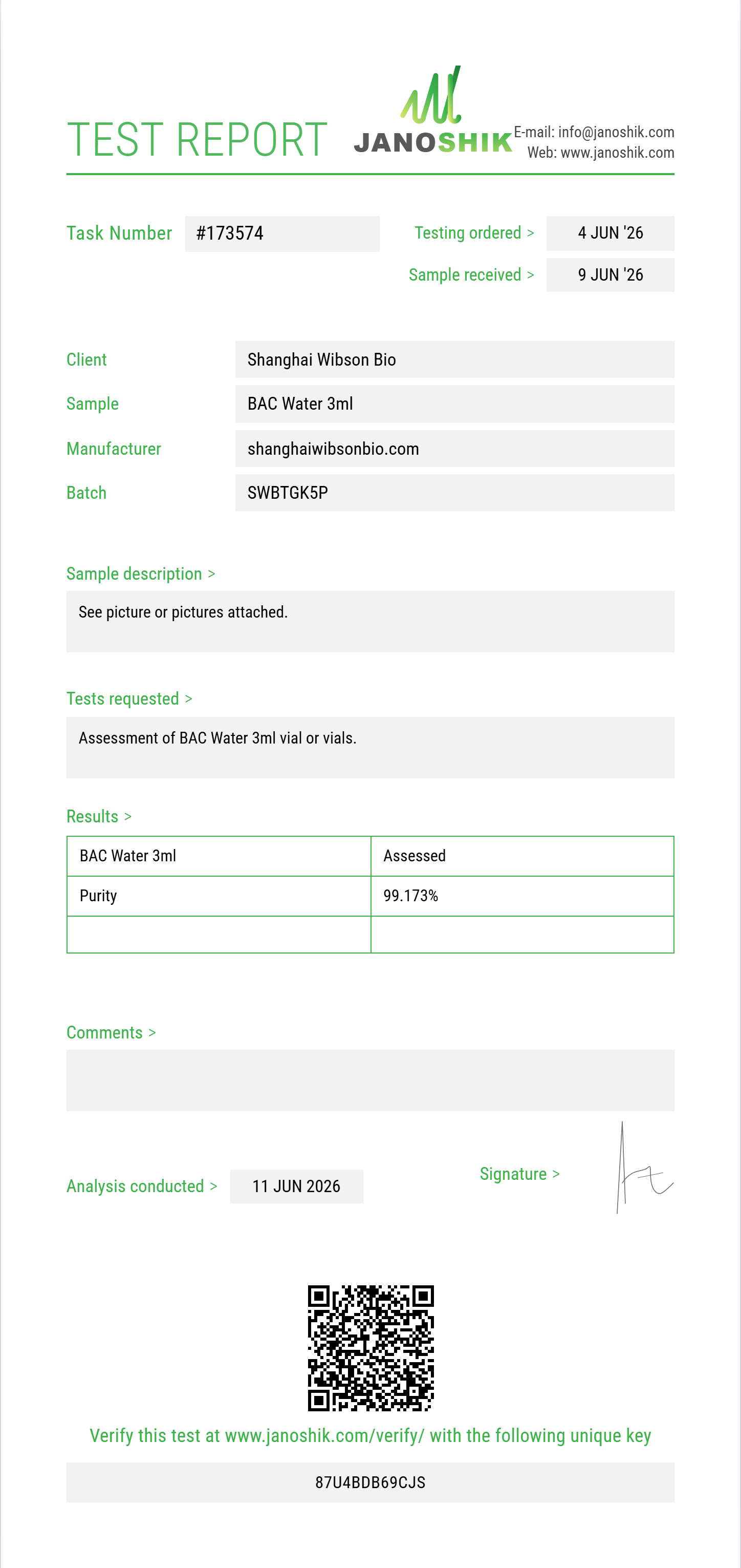 BAC Water Purity (HPLC) report by Janoshik Analytical