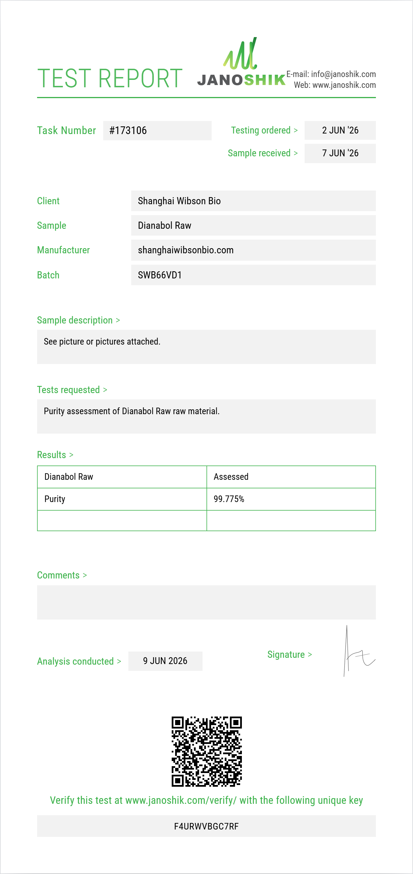 Dianabol Raw Purity (HPLC) report by Janoshik Analytical