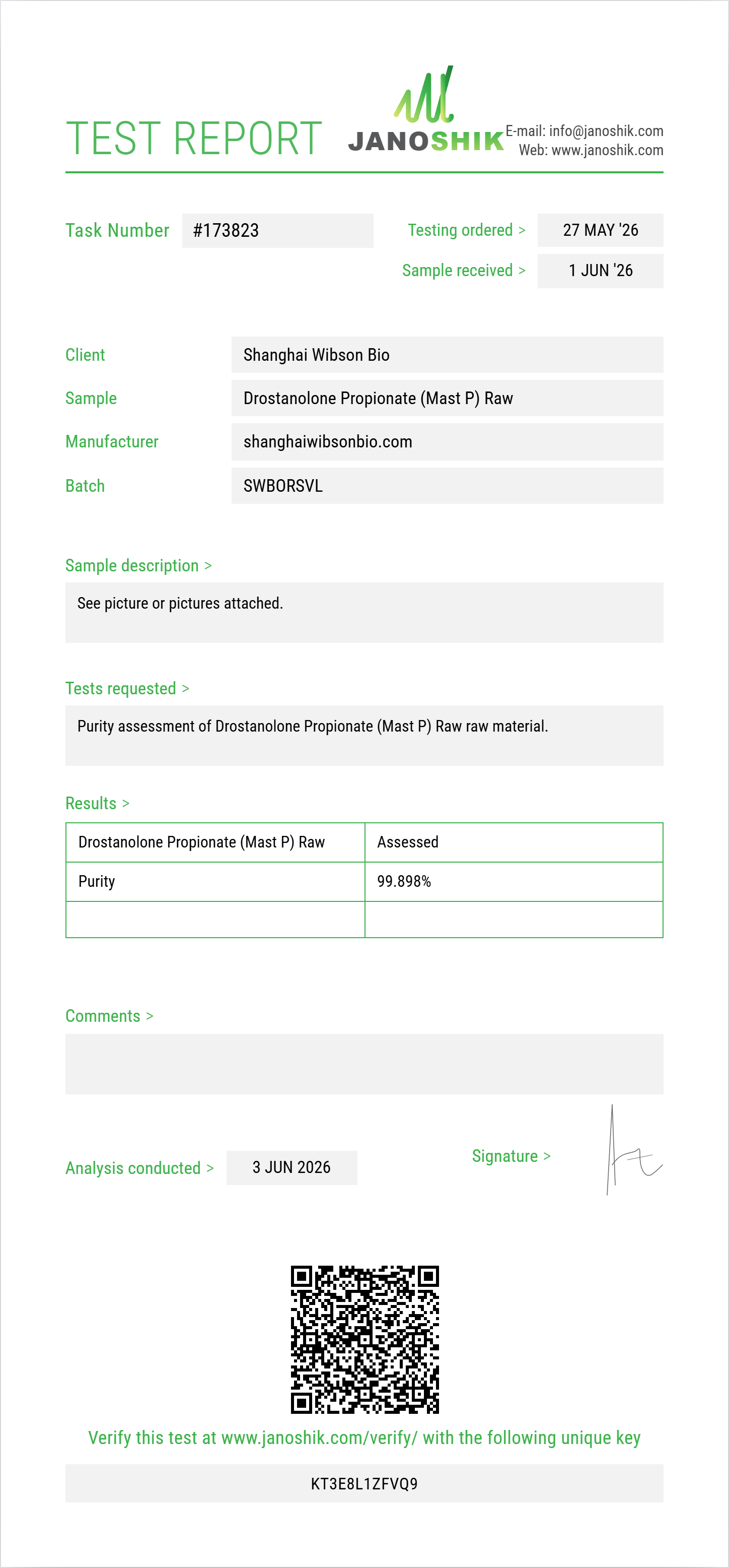 Drostanolone Propionate (Mast P) Raw Purity (HPLC) report by Janoshik Analytical