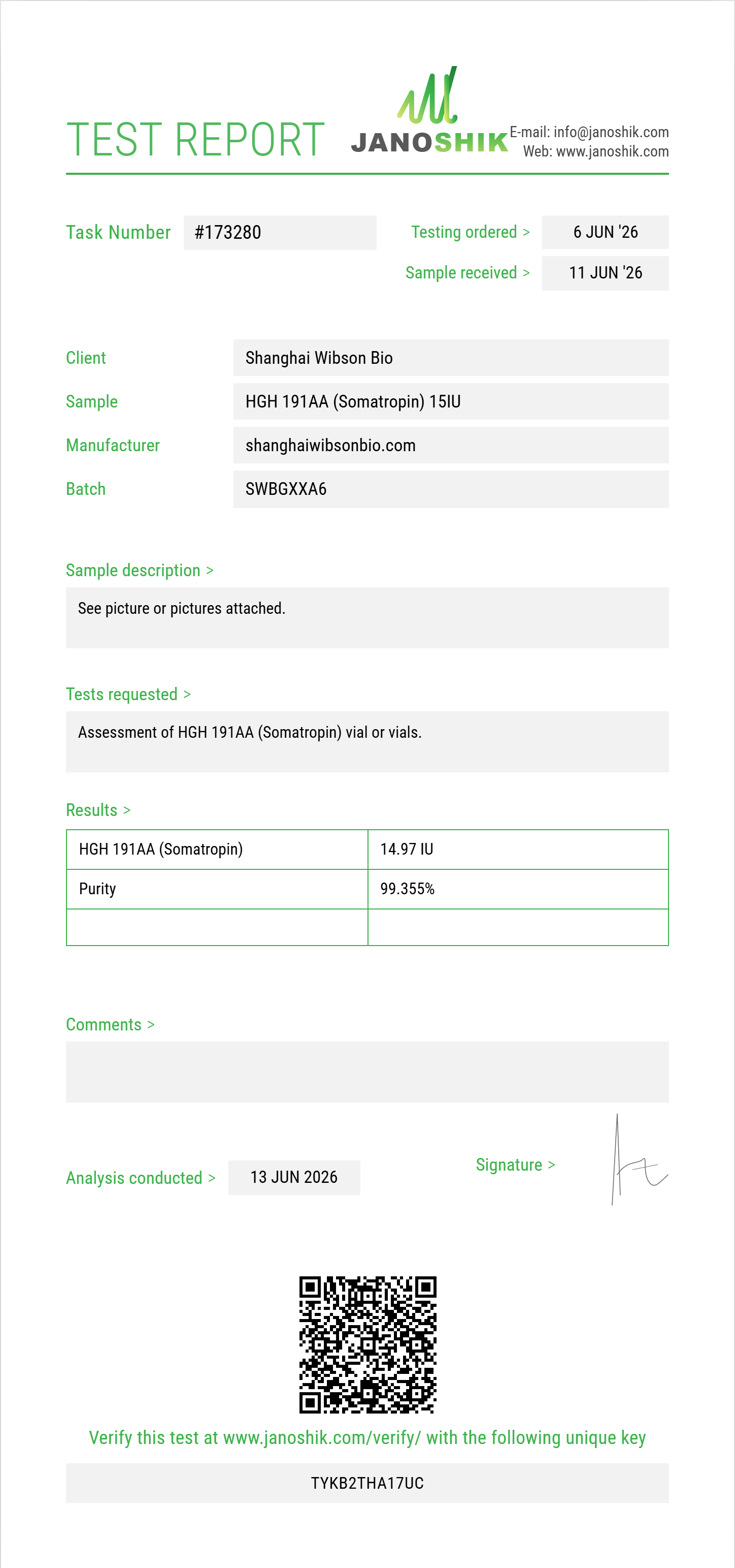 HGH 191AA (Somatropin) Purity (HPLC) report by Janoshik Analytical