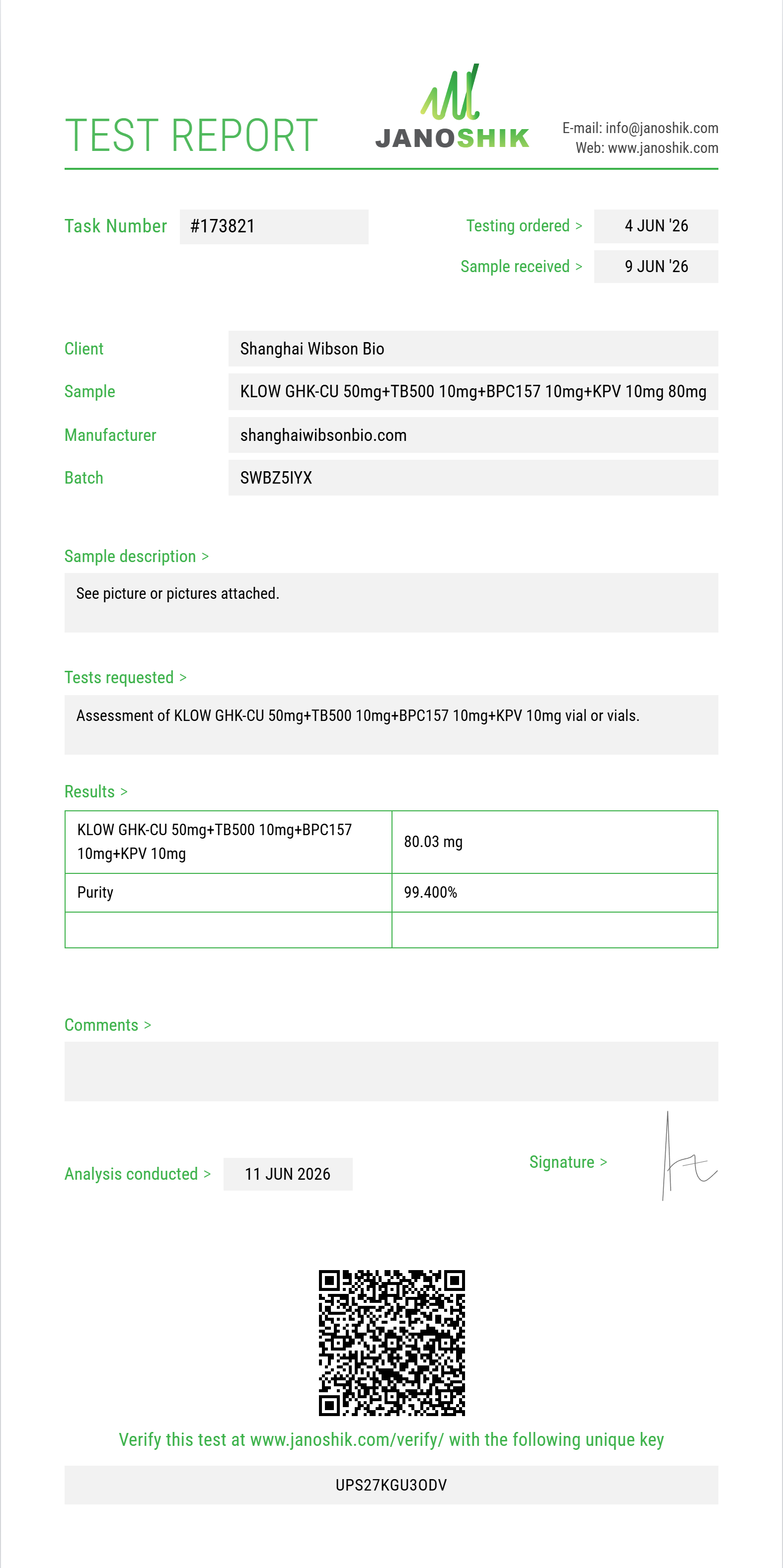 KLOW GHK-CU 50mg+TB500 10mg+BPC157 10mg+KPV 10mg Purity (HPLC) report by Janoshik Analytical