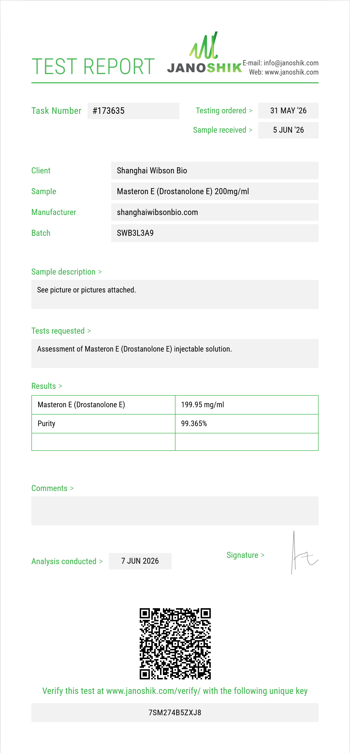 Masteron E (Drostanolone E) Purity (HPLC) report by Janoshik Analytical