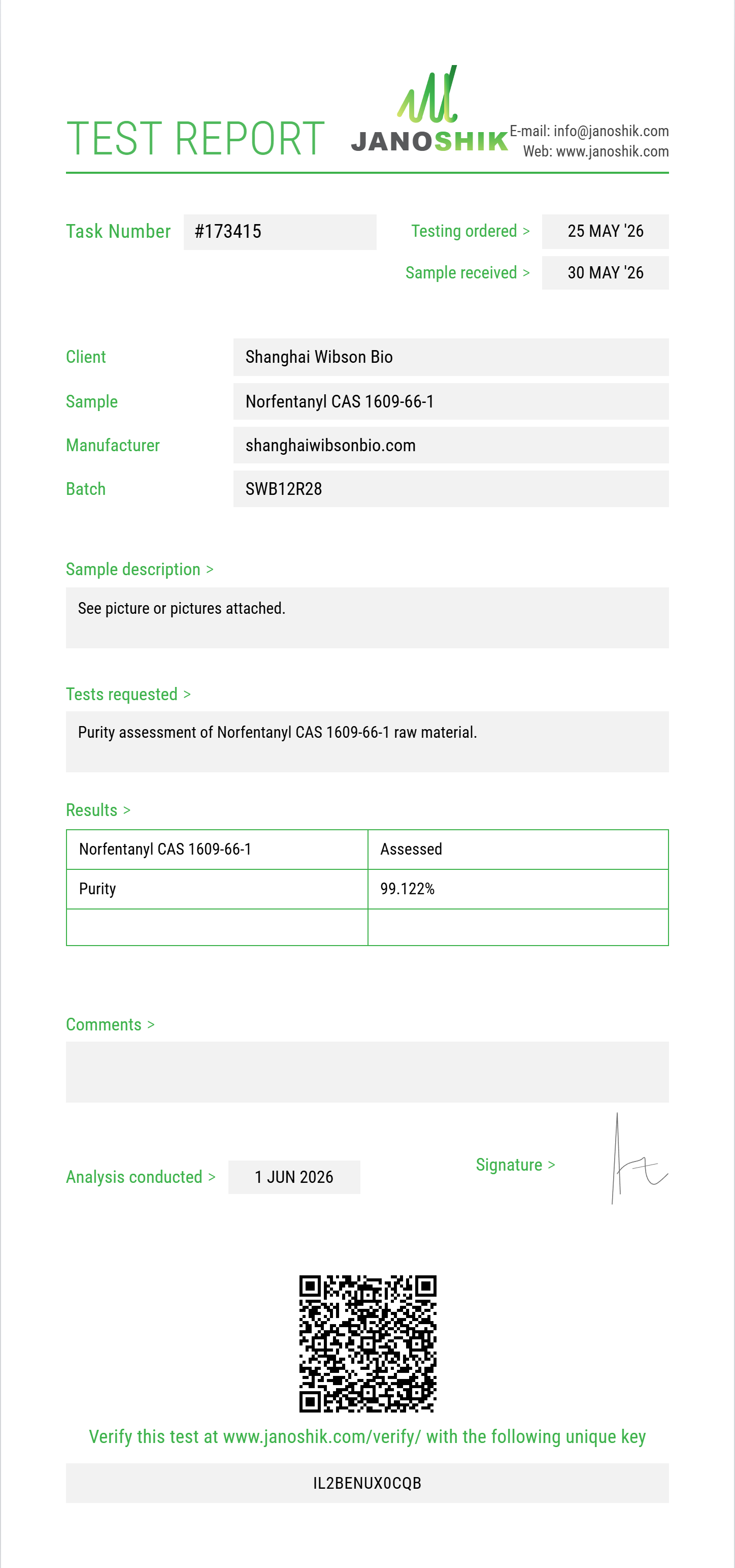 Norfentanyl CAS 1609-66-1 Purity (HPLC) report by Janoshik Analytical