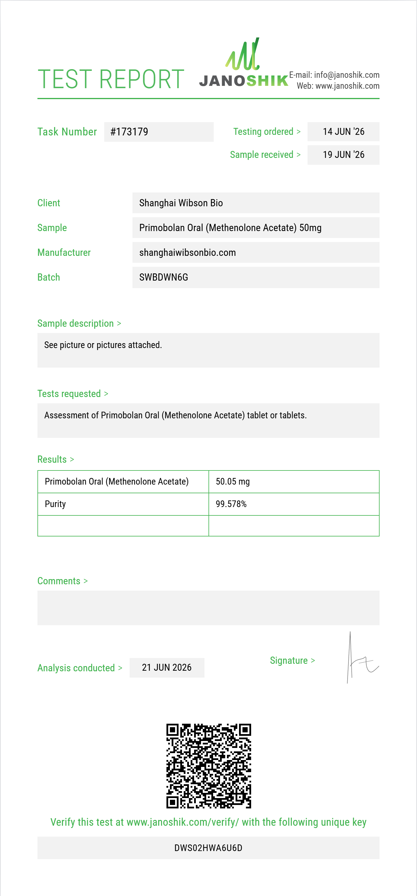 Primobolan Oral (Methenolone Acetate) Purity (HPLC) report by Janoshik Analytical