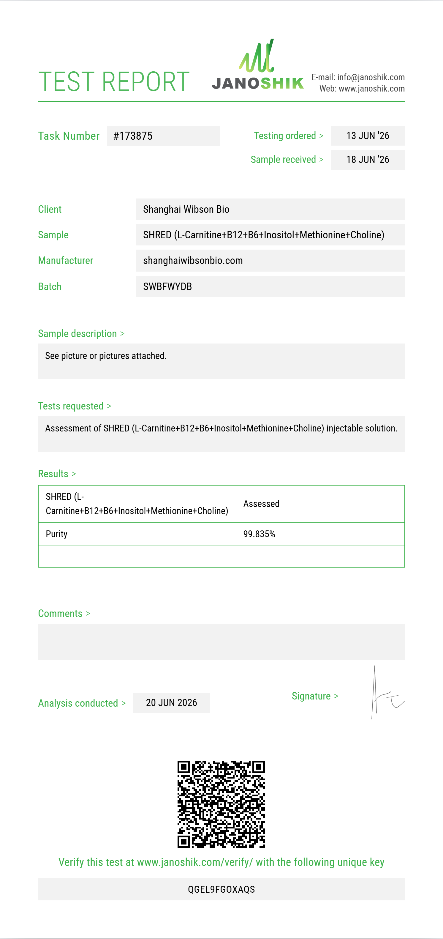 SHRED (L-Carnitine 200mg+B12+B6+Inositol+Methionine+Choline) Purity (HPLC) report by Janoshik Analytical