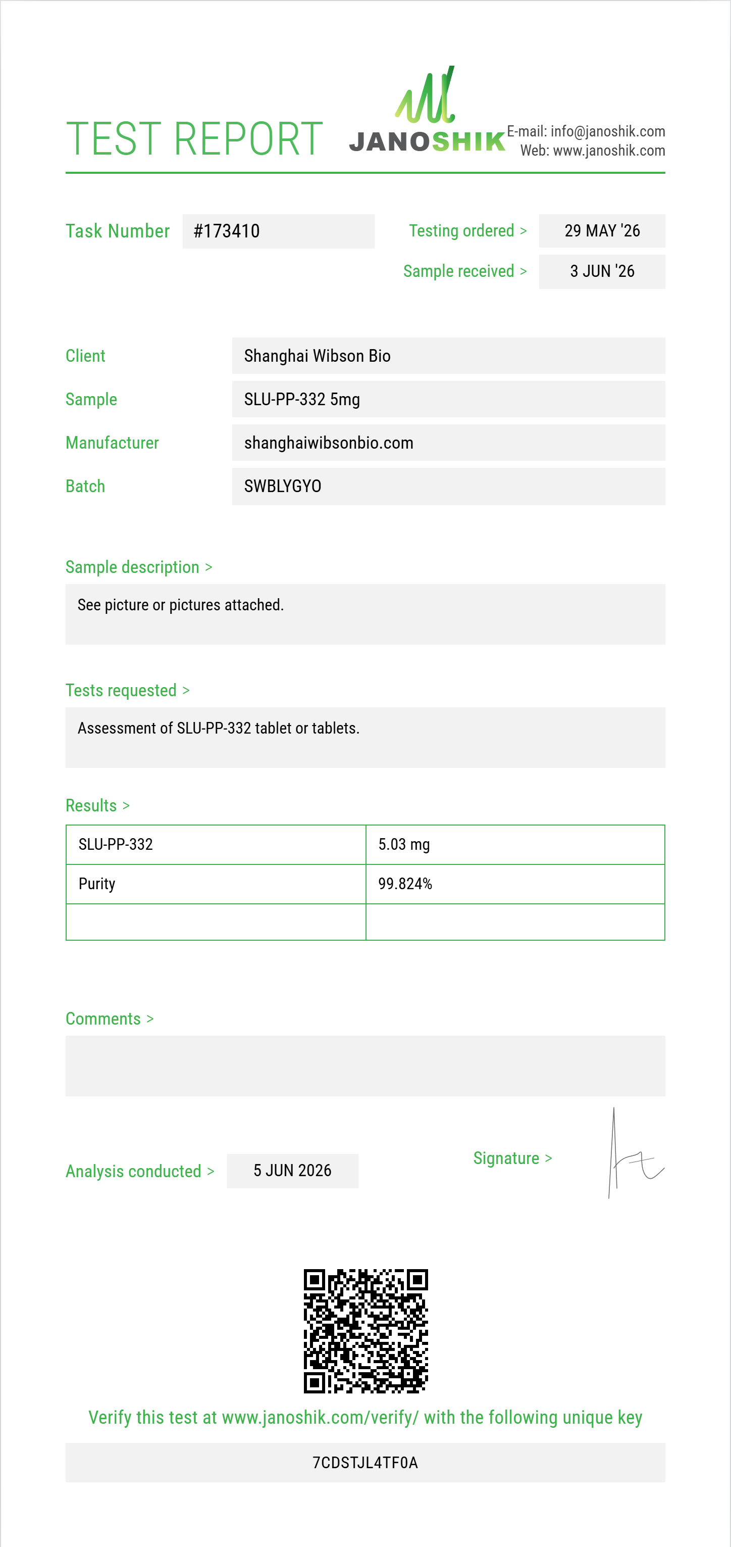 SLU-PP-332 Injectable Purity (HPLC) report by Janoshik Analytical