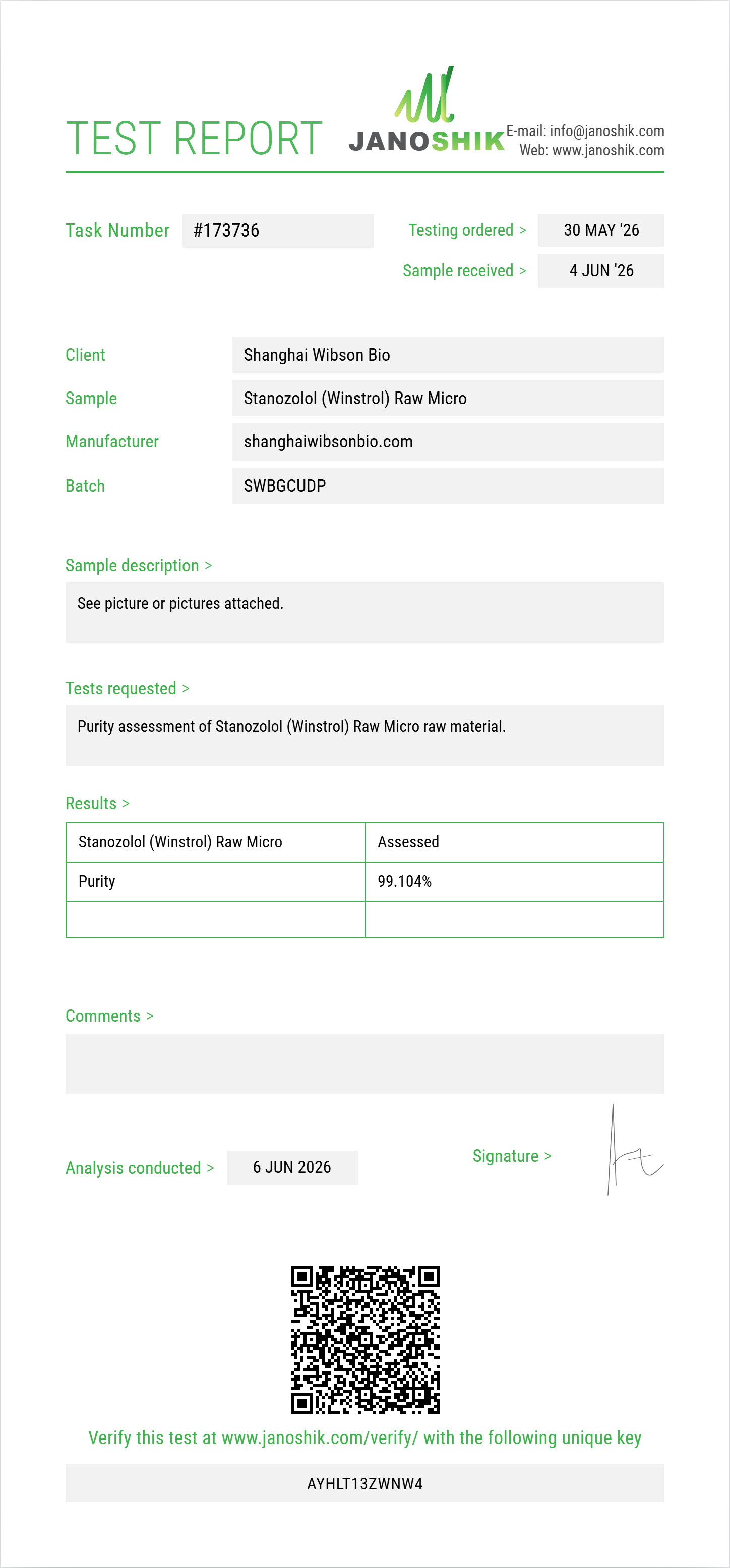 Stanozolol (Winstrol) Raw Purity (HPLC) report by Janoshik Analytical