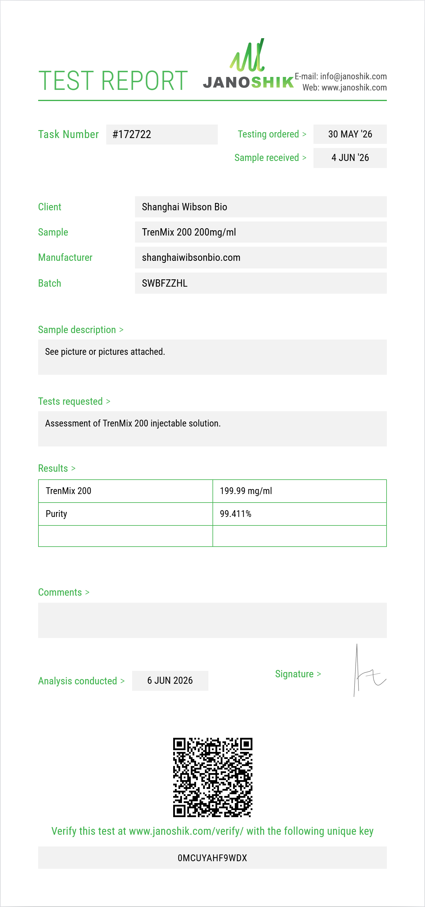 TrenMix 200 Purity (HPLC) report by Janoshik Analytical