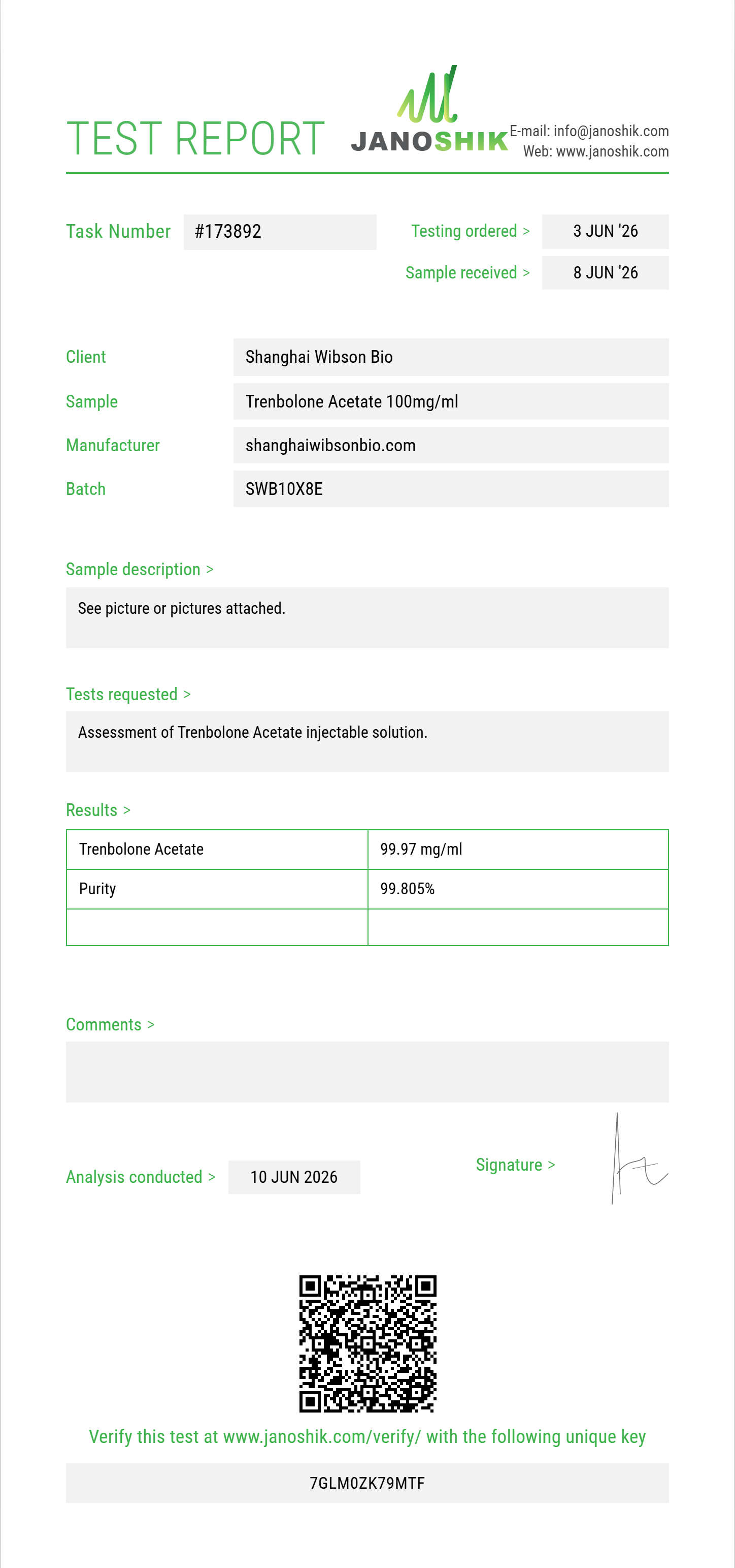 Trenbolone Acetate Purity (HPLC) report by Janoshik Analytical