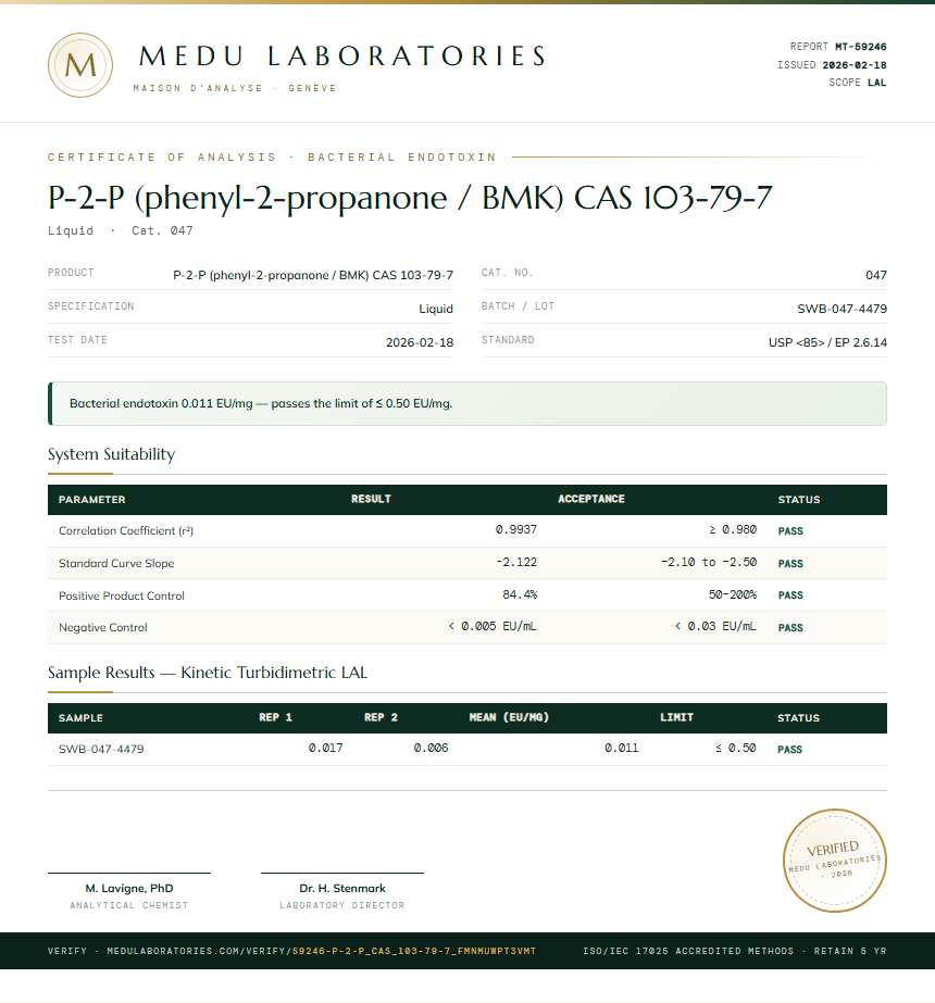 P-2-P (phenyl-2-propanone / BMK) CAS 103-79-7 Endotoxin report by Medu Laboratories