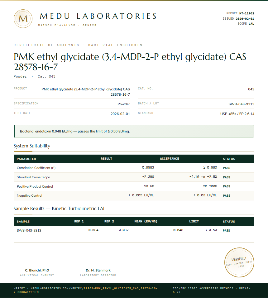 PMK ethyl glycidate (3,4-MDP-2-P ethyl glycidate) CAS 28578-16-7 Endotoxin report by Medu Laboratories