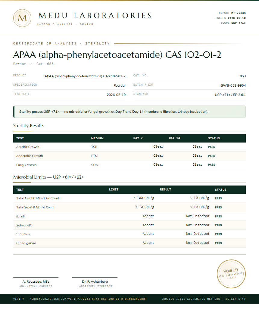 APAA (alpha-phenylacetoacetamide) CAS 102-01-2 Sterility report by Medu Laboratories