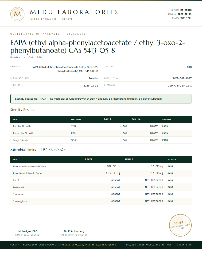 EAPA (ethyl alpha-phenylacetoacetate / ethyl 3-oxo-2-phenylbutanoate) CAS 5413-05-8 Sterility report by Medu Laboratories