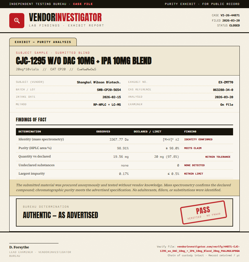 CJC-1295 w/o DAC 10mg + IPA 10mg Blend Purity (HPLC) report by VendorInvestigator