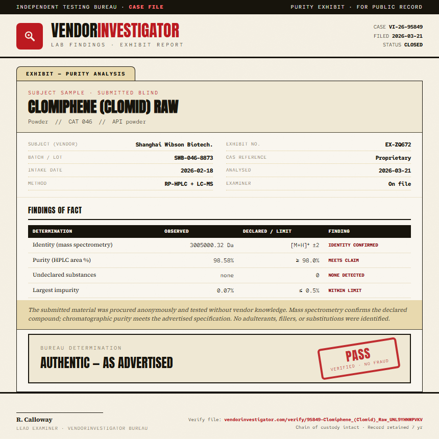 Clomiphene (Clomid) Raw Purity (HPLC) report by VendorInvestigator