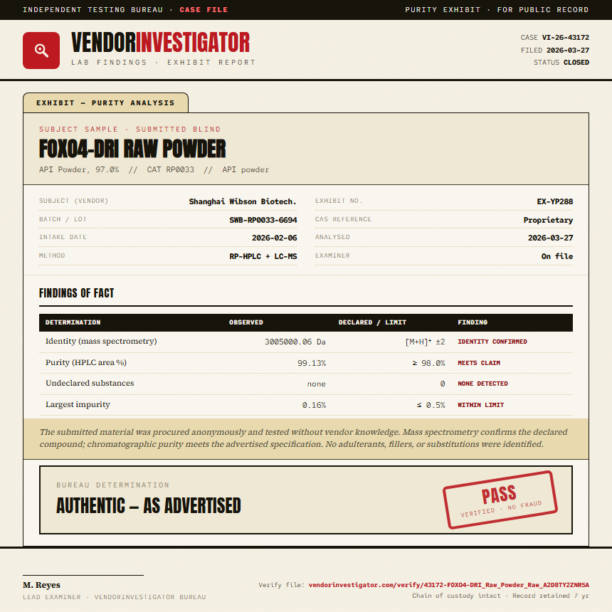 FOXO4-DRI Raw Powder Purity (HPLC) report by VendorInvestigator