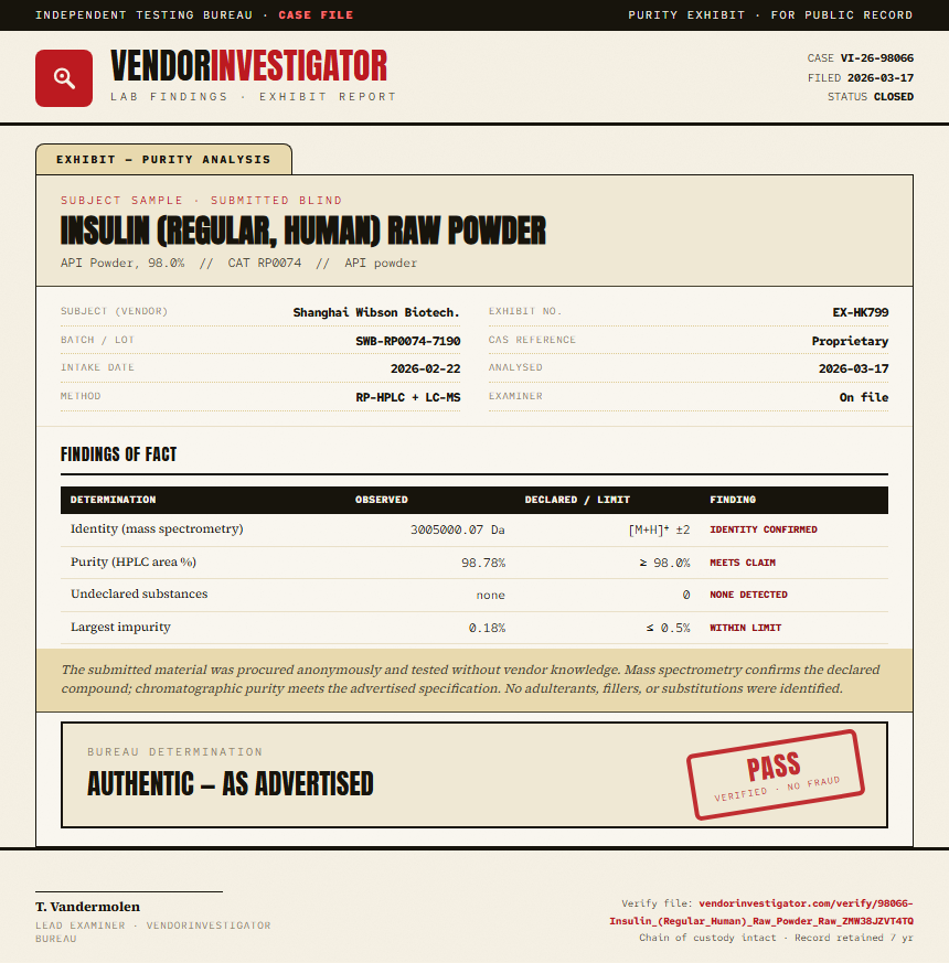 Insulin (Regular, Human) Raw Powder Purity (HPLC) report by VendorInvestigator
