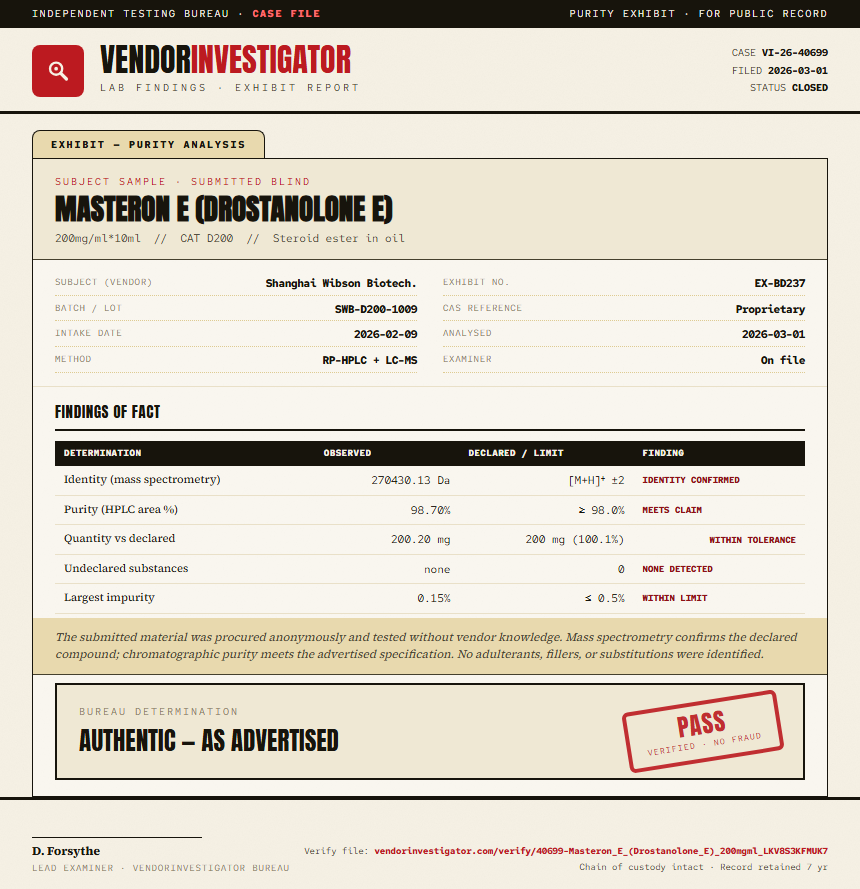 Masteron E (Drostanolone E) Purity (HPLC) report by VendorInvestigator