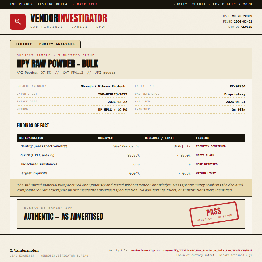 NPY Raw Powder - Bulk Purity (HPLC) report by VendorInvestigator