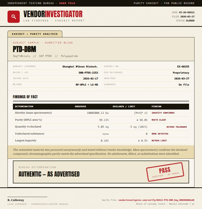 PTD-DBM Purity (HPLC) report by VendorInvestigator