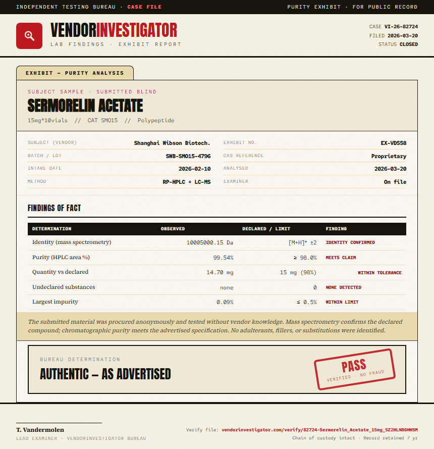 Sermorelin Acetate Purity (HPLC) report by VendorInvestigator