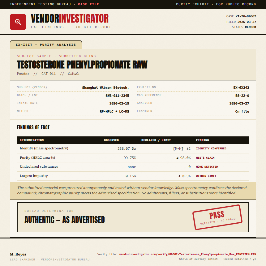 Testosterone Phenylpropionate Raw Purity (HPLC) report by VendorInvestigator