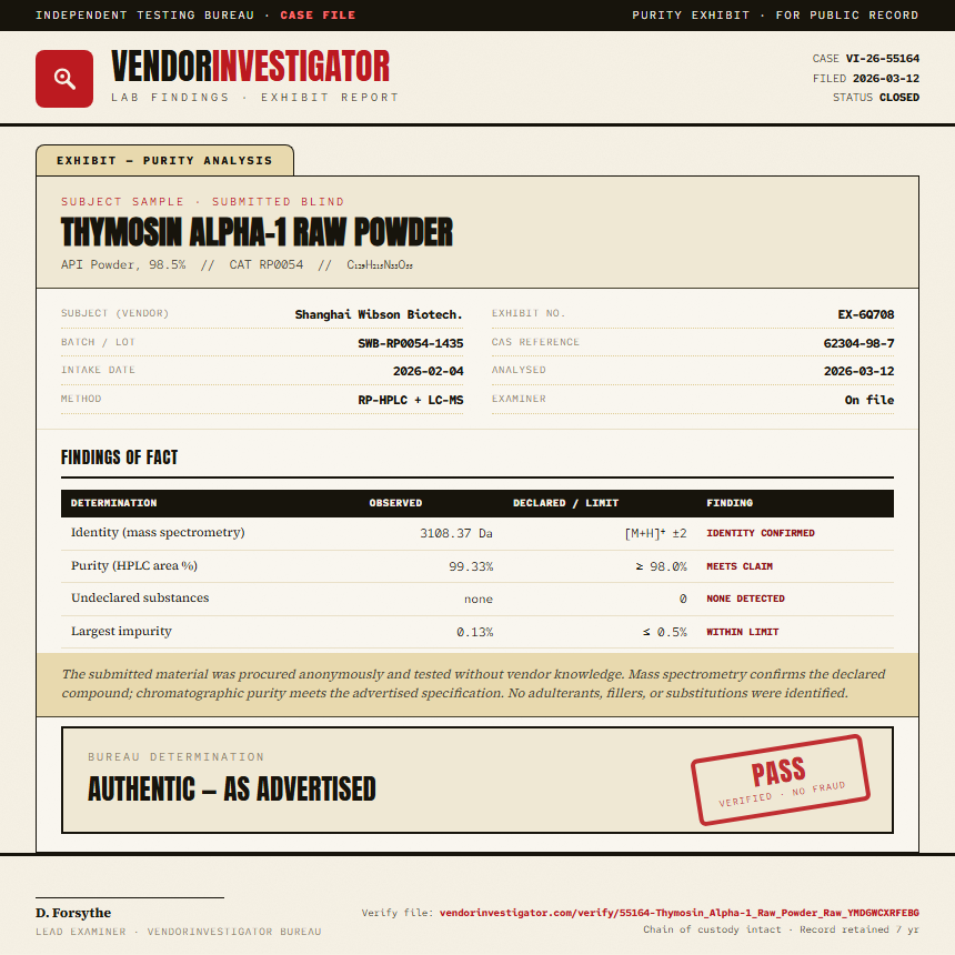 Thymosin Alpha-1 Raw Powder Purity (HPLC) report by VendorInvestigator