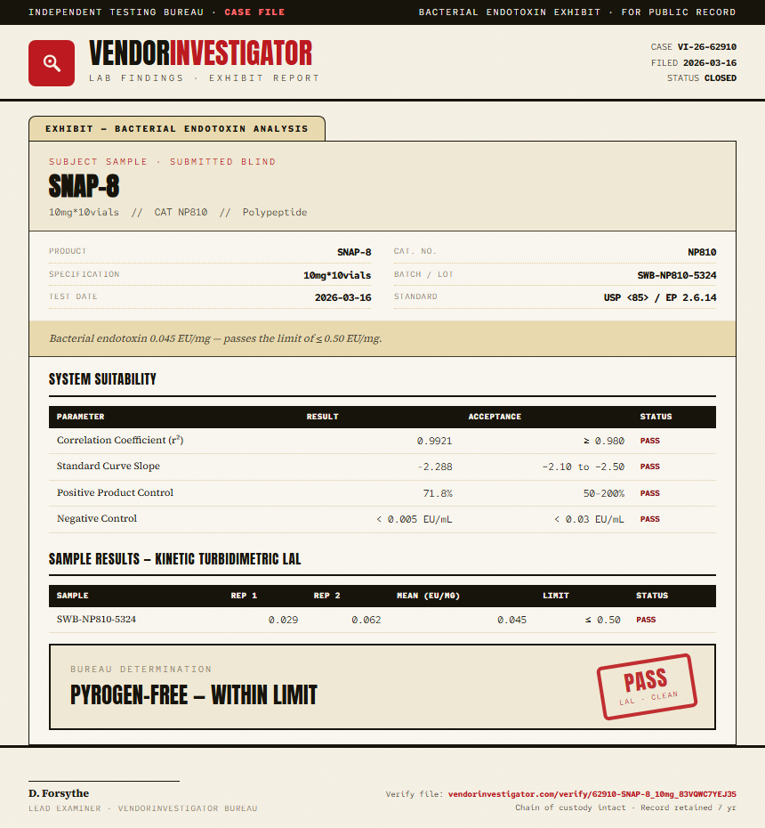 SNAP-8 Endotoxin report by VendorInvestigator