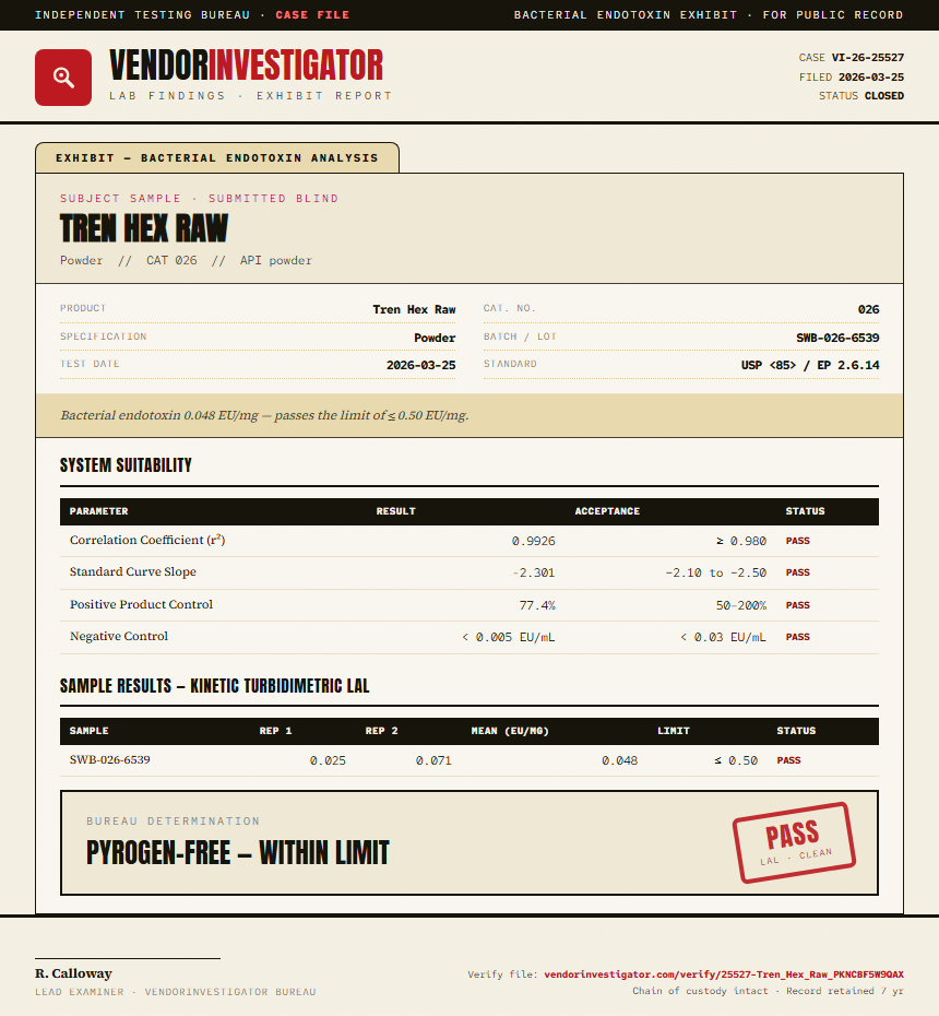 Tren Hex Raw Endotoxin report by VendorInvestigator