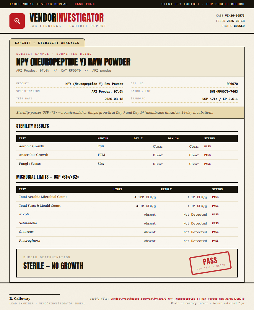NPY (Neuropeptide Y) Raw Powder Sterility report by VendorInvestigator